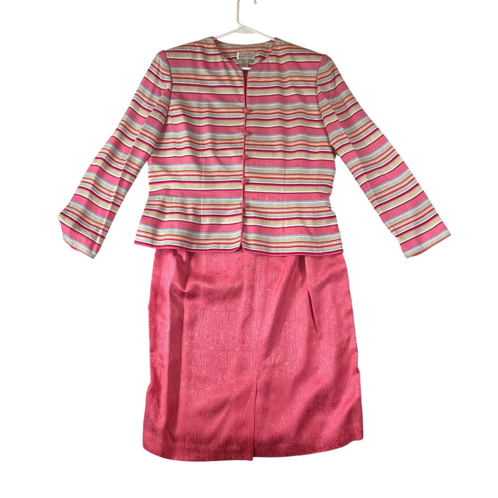 Adrianna Papell Silk Skirt Suit Set Women 16 Pink Striped Jacket and Skirt